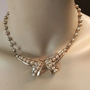 Pearl and Baguette Diamond Necklace Art Deco Vintage